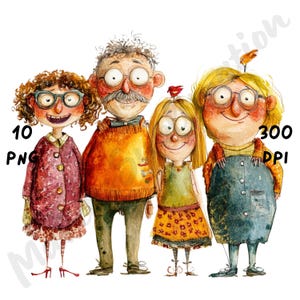 10 imágenes PNG de familias peculiares, hermanos de dibujos animados extravagantes, imágenes prediseñadas divertidas de madre y padre en acuarela, manualidades de papel, diarios basura, álbumes de recortes