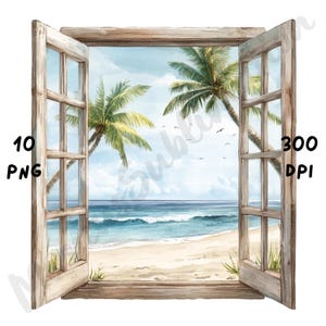 May include: A watercolor painting of a beach scene viewed through an open window. The window is made of wood and has a rustic look. The beach is sandy and has blue water with waves. There are palm trees on the beach and a blue sky with white clouds.