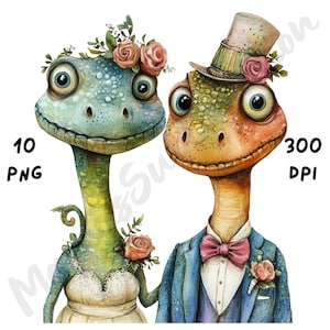 10 imágenes PNG de una peculiar pareja de dinosaurios en una boda, un animal de dibujos animados caprichoso, imágenes prediseñadas románticas de dinosaurios en acuarela para manualidades de papel, diario basura