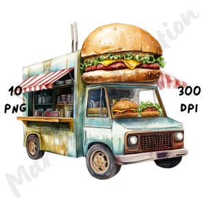 10 imágenes PNG de camiones de hamburguesas extravagantes, escena de tienda extravagante, tienda de comida rápida con dibujos en acuarela para revistas, álbumes de recortes y manualidades digitales.