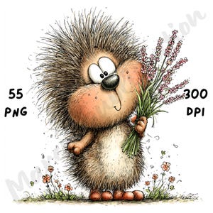Puede incluir: Un erizo de dibujos animados con un cuerpo marr&oacute;n y p&uacute;as sostiene un ramo de flores de lavanda. La imagen incluye el texto "55 PNG" y "300 DPI". El erizo est&aacute; en una zona de hierba con peque&ntilde;as flores naranjas.