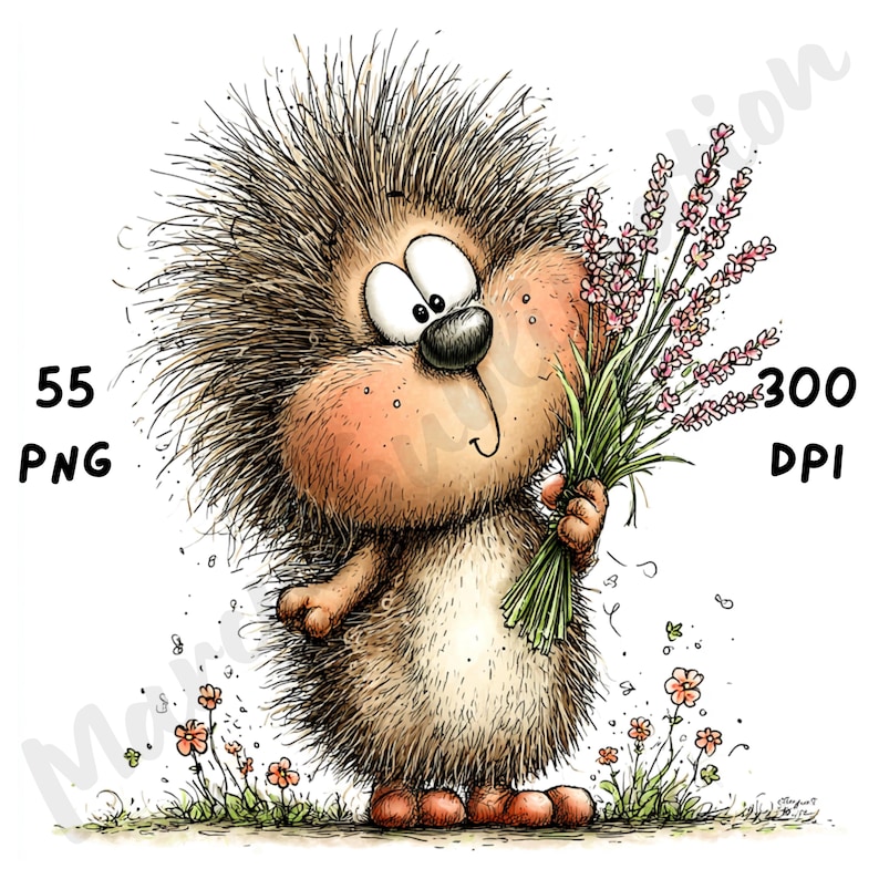 Puede incluir: Un erizo de dibujos animados con un cuerpo marr&oacute;n y p&uacute;as sostiene un ramo de flores de lavanda. La imagen incluye el texto "55 PNG" y "300 DPI". El erizo est&aacute; en una zona de hierba con peque&ntilde;as flores naranjas.