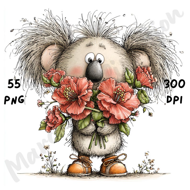 Floral Animals Whimsical Clipart Bundle, Funny Spring Animal Character PNG Set, Quirky Flowers Graphics (Commercial Use)