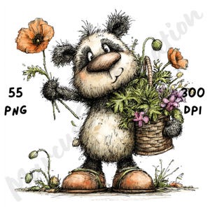 Puede incluir: Ilustraci&oacute;n caprichosa de un panda sosteniendo una cesta de flores y una amapola naranja. El panda lleva zapatos marrones. La imagen incluye el texto "55 PNG" y "300 DPI".