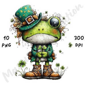 Puede incluir: Ilustración de una rana verde vestida con una chaqueta verde, botas marrones y un sombrero de duende verde. La rana sostiene un trébol de cuatro hojas. La imagen incluye el texto "10 PNG" y "300 DPI".