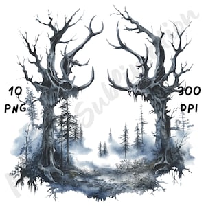 Może przedstawiać: Akwarelowa ilustracja upiornej sceny leśnej. Dwa duże, sękate drzewa z gałęziami przypominającymi rogi otaczają mglisty krajobraz z sosnami. Obraz zawiera tekst "10 PNG" i "300 DPI".