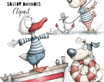 Whimsical Sailor Animals Clipart Set: 20 PNG Quirky Nautical Illustration (Digital Download)