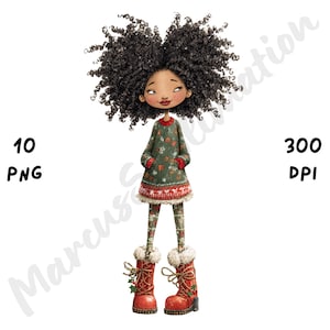10 PNG Quirky Christmas Black Girl Clipart, Whimsical Funny Xmas Woman Sublimation, Watercolor Cartoon Afro Girl for Junk Journal, Scrapbook