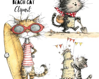 Quirky Beach Cat Clipart, Funny Summer Animals PNG Set, Whimsical Kitten Graphic (Commercial Use)