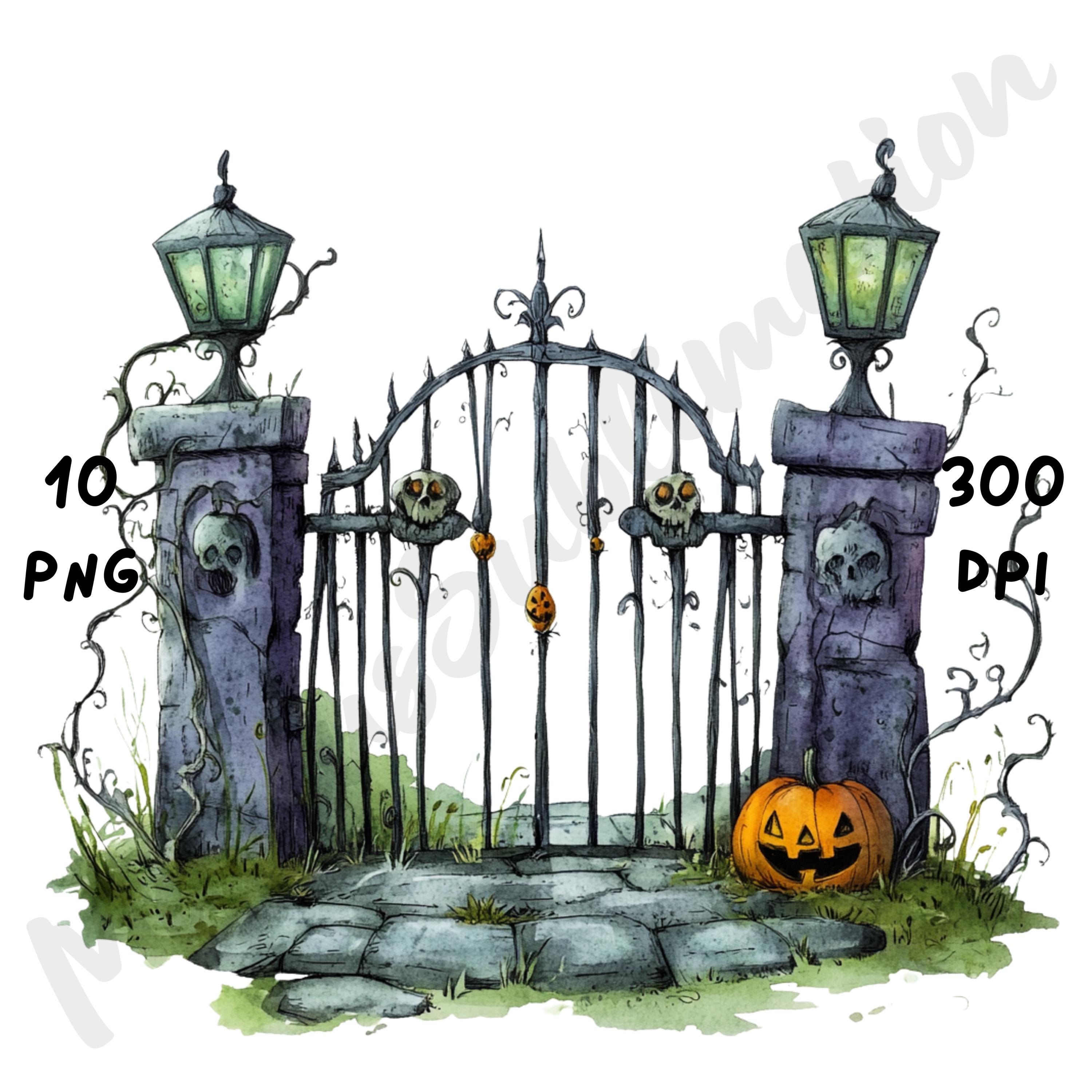 10 PNG Quirky Graveyard Gate Clipart, Watercolor Cartoon Halloween ...