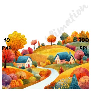 Puede incluir: Ilustración en acuarela de un paisaje rural otoñal con colinas, árboles coloridos y casas con tejados azules. La imagen incluye el texto "10 PNG" y "300 DPI".
