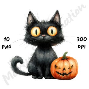 10 imágenes PNG de gatos negros extravagantes, divertidas y caprichosas sublimaciones de Halloween, imágenes prediseñadas de gatos de dibujos animados en acuarela para revistas basura y álbumes de recortes.
