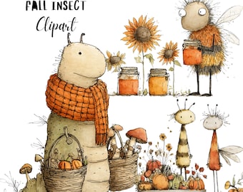 Fall Insects Whimsical Clipart Bundle, Funny Autumn Bug Character PNG Set, Storybook Illustration, Commercial Use, Digital Download