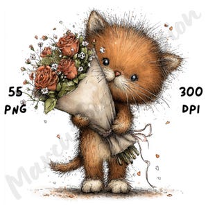 Puede incluir: Ilustraci&oacute;n en acuarela de un lindo gatito naranja sosteniendo un ramo de rosas naranjas y flores blancas envuelto en papel marr&oacute;n. La imagen incluye el texto "55 PNG" y "300 DPI".