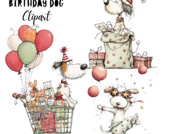 Whimsical Birthday Dog Clipart, Quirky Party Characters PNG, Celebration Graphics (Commercial Use)