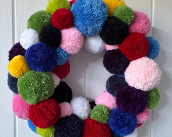 Handgemachter Pom Pom Kranz: Leuchtende Farben, Weidenring Türdekoration (40 cm)