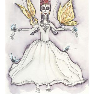 May include: Watercolor illustration of a skeletal figure in a white dress, adorned with a floral crown and butterfly wings. The figure has a painted skull face and is surrounded by butterflies. The text "XIII Death" is at the bottom.