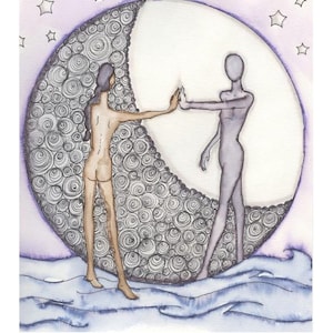 May include: Watercolor illustration of a tarot card, "The Moon." Two figures stand before a crescent moon with a swirling pattern. The background is a light purple with stars. The card number is "XVIII."