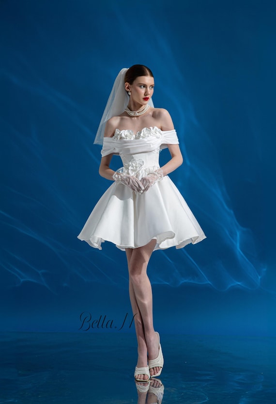 Mikado Mini Wedding Dress: 3D Floral Appliqus, Off-Shoulder Bridal Gown
