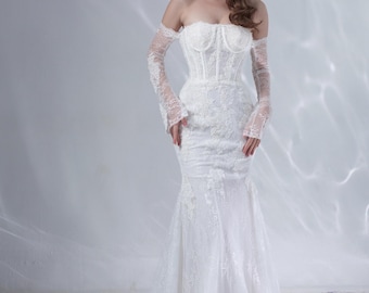 Lace Mermaid Wedding Dress | Long Sleeves, Open Back Bridal Gown
