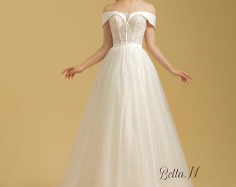 Off Shoulder Sparkle Tulle Wedding Dress – Corset Bodice Ball Gown