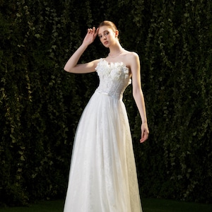 A-Line Wedding Dress with 3D Floral Lace and Gemstone Details | Romantic Tulle Bridal Gown | Custom Soft Lace Wedding Gown