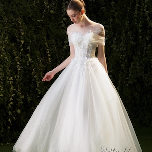 Off-Shoulder A-Line Wedding Dress with Sequin Inner Layer and 3D Floral Appliqués | Sparkly Tulle Bridal Gown by Bella.N