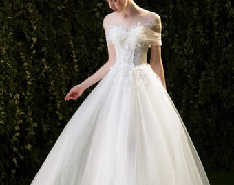 appliqued glitter tulle a-line wedding dress Rachel Allan RB3222 Glitter 3D Floral Applique Long A Line Wedding Dress