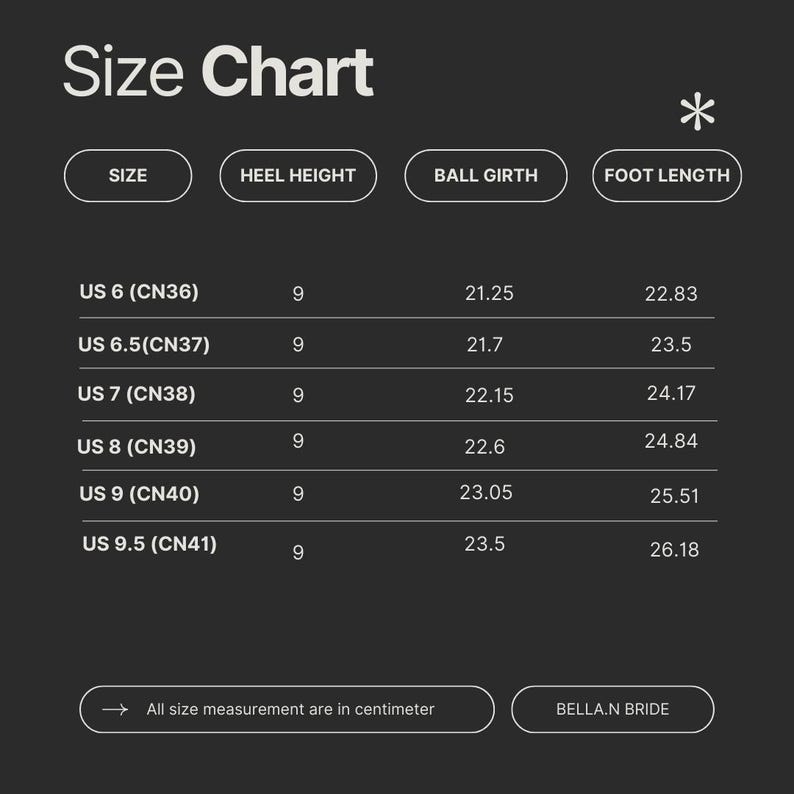 May include: A size chart for shoes, with measurements in centimeters. The chart includes sizes US 6 to US 9.5, heel height, ball girth, and foot length. The text "All size measurement are in centimeter" is also present.