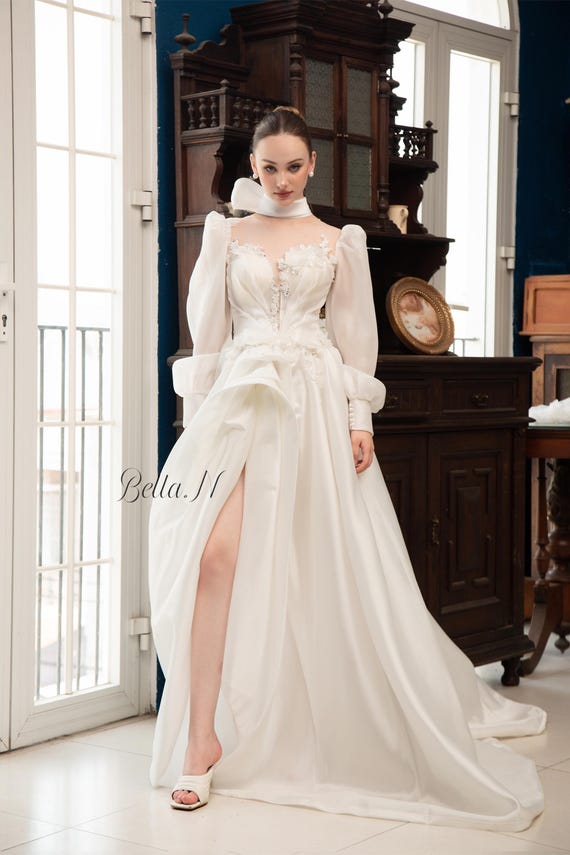 Elegant Organza Wedding Dress: Long Sleeve Bridal Gown With Slit & Detachable Scarf - Etsy Israel Elegant Organza Wedding Dress: Long Sleeve Bridal Gown With Slit & Detachable Scarf - Etsy Israel