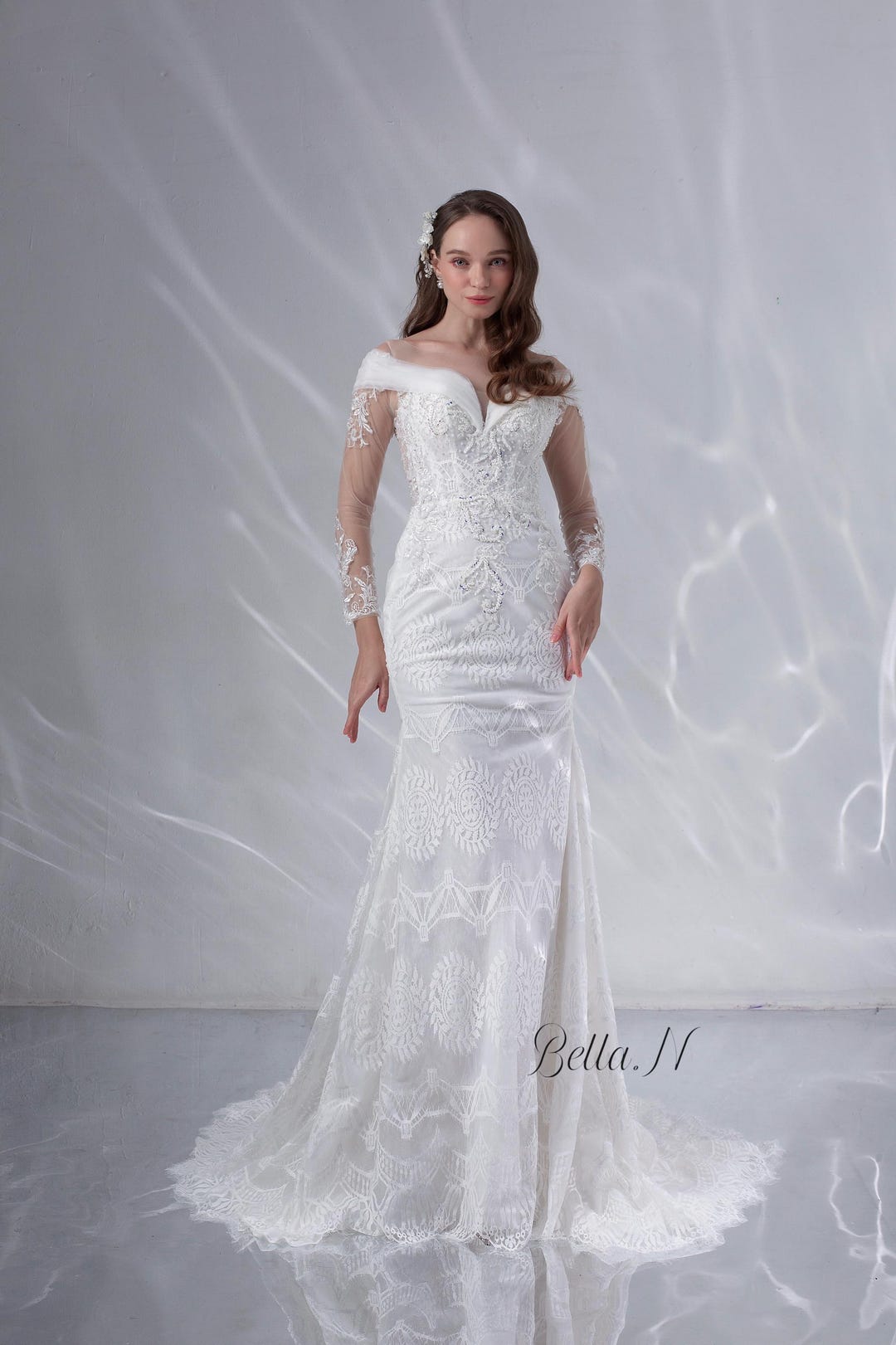 illusion sleeve mermaid wedding dress Charming Long Sleeves Lace Appliques Mermaid Wedding Dresses Ivory