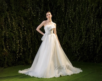 Organza A-Line Wedding Dress: Strapless Pleated Bodice, Chapel Train