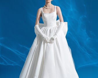 Luxury Mikado Ball Gown Wedding Dress: Oversized Bow & Lace Train