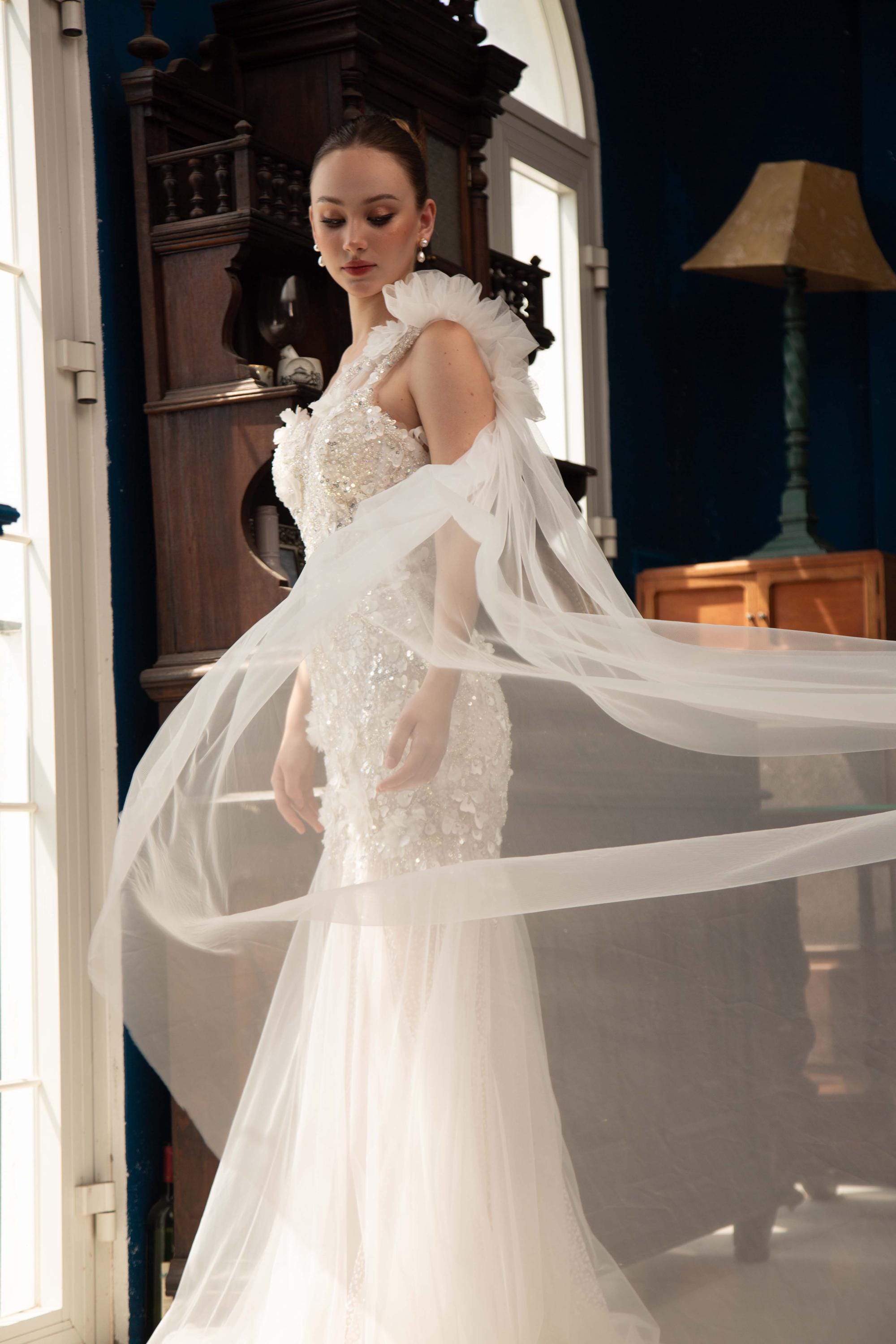 blue mermaid wedding dresses Ice Blue Sequined Lace Jersey Mermaid Prom Dress