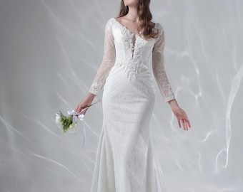 Lace Mermaid Wedding Dress | Long Sleeves, Open Back Bridal Gown