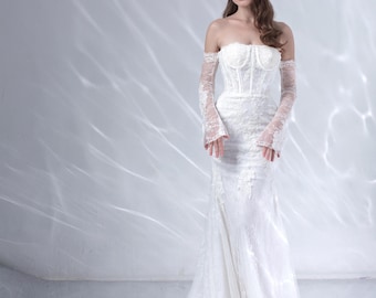 Lace Mermaid Wedding Dress | Long Sleeves, Open Back Bridal Gown