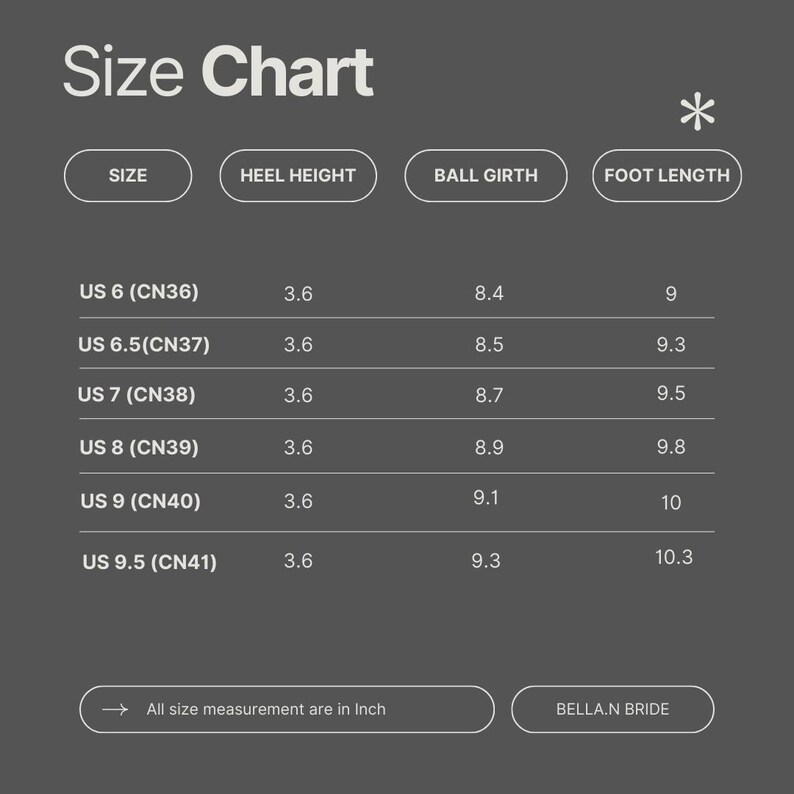 May include: A size chart for shoes, with measurements in inches. The chart includes sizes US 6 to 9.5, heel height, ball girth, and foot length measurements. The text "All size measurement are in Inch" is also present.
