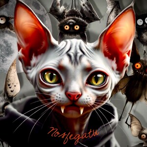 Gato vampiro, divertido gato Nosferatu y murciélagos, tarjeta y sobre para cualquier ocasión, tarjeta de Halloween, tarjeta para imprimir en casa, descarga digital / tarjeta electrónica
