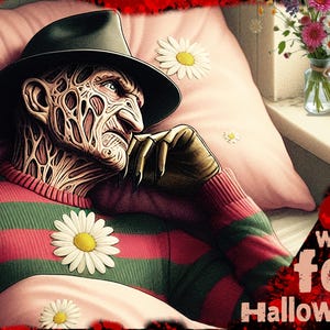 Tarjeta y sobre de Freddy Krueger esperando Halloween, tarjeta de terror, monstruo para cualquier ocasión, tarjeta para imprimir en casa, descarga digital/tarjeta electrónica