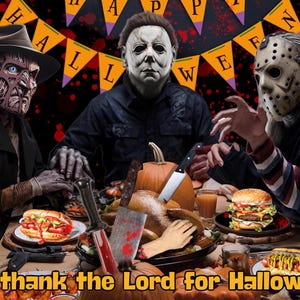 Halloween Abendessen mit Jason, Michael, Freddy, Pennywise und Chucky. Print at home, digitales Halloween, Grusskarte für jede Gelegenheit mit Umschlag