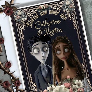 May include: A wedding invitation with a dark blue background, gold script reading "Eternal love never dies", and the names "Catherine & Martin". The design includes illustrations of a couple, flowers, and decorative borders.