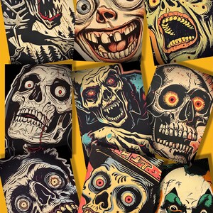Um conjunto de 9 cartões postais digitais de arte de terror vintage para imprimir e postar ou enviar para amigos/familiares como cartões eletrônicos.