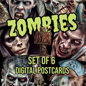 Set of 6 Zombie faces, horror art, digital postcards to print and post or send to friends/family as E-cards.
