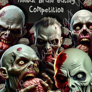 Concurso de comer cerebros de zombis, divertida tarjeta y sobre de terror para cualquier ocasión. Imprima en casa una tarjeta digital o electrónica.