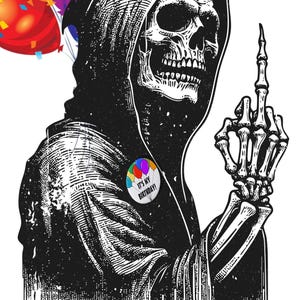 Grim Reaper fun horror birthday card with envelope, giving the finger celebration, Print at home, digital card / E-card