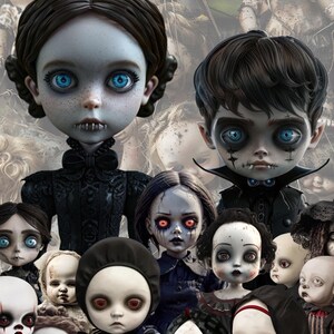 Muñecas malvadas, terror, oscuridad, espeluznante, Halloween. Tarjeta artística para imprimir en casa con sobre. Tarjeta de felicitación para cualquier ocasión. Descarga digital/tarjeta electrónica.