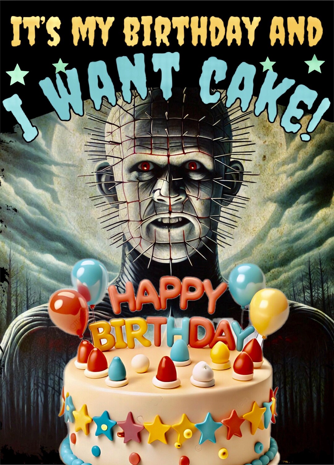 Pinhead With Birthday Cake, Fun Horror Birthday Card With Envelope ...