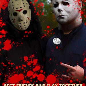 Mejores amigos para siempre, Jason y Michael, divertida tarjeta y sobre de terror para cualquier ocasión. Tarjeta digital o tarjeta electrónica para imprimir en casa.