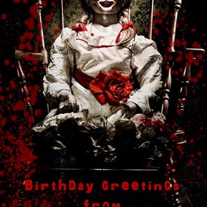 Annabelle the Haunted Doll przerażająca kartka urodzinowa i koperta, film The Conjuring, horror, druk w domu, pobieranie cyfrowe/kartka elektroniczna