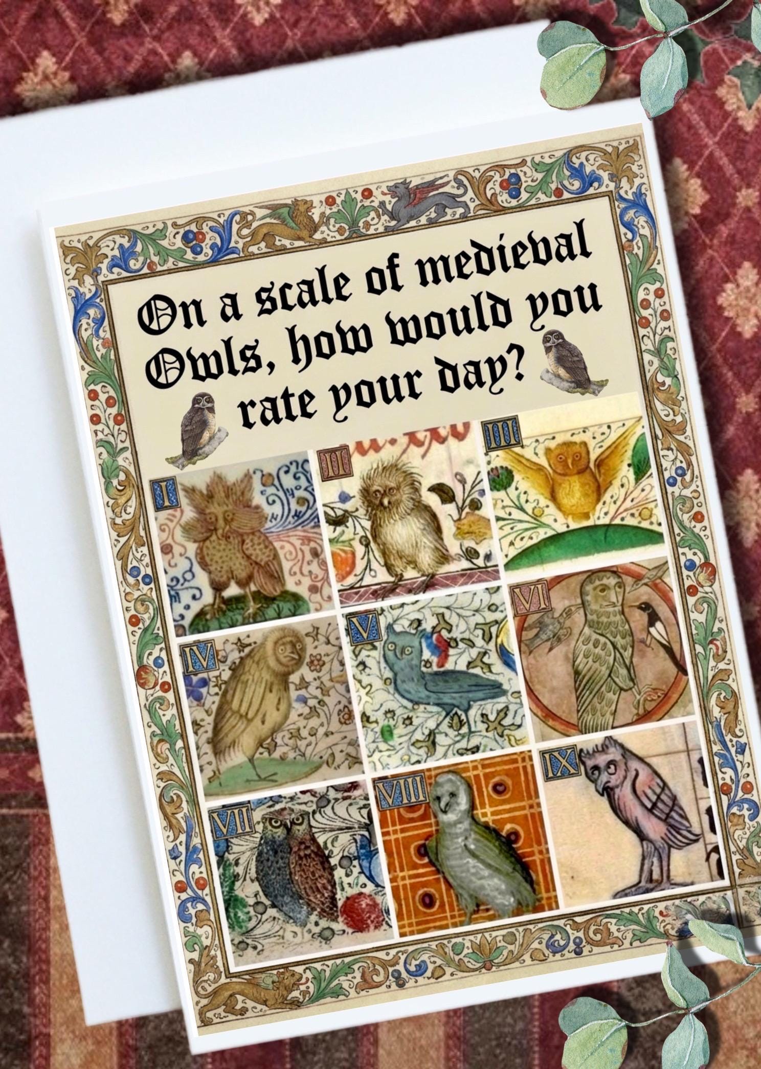 Funny &ldquo;Rate Your Day&rdquo; Card | Medieval Owls Meme | Gothic Dark Humour Mood Gift